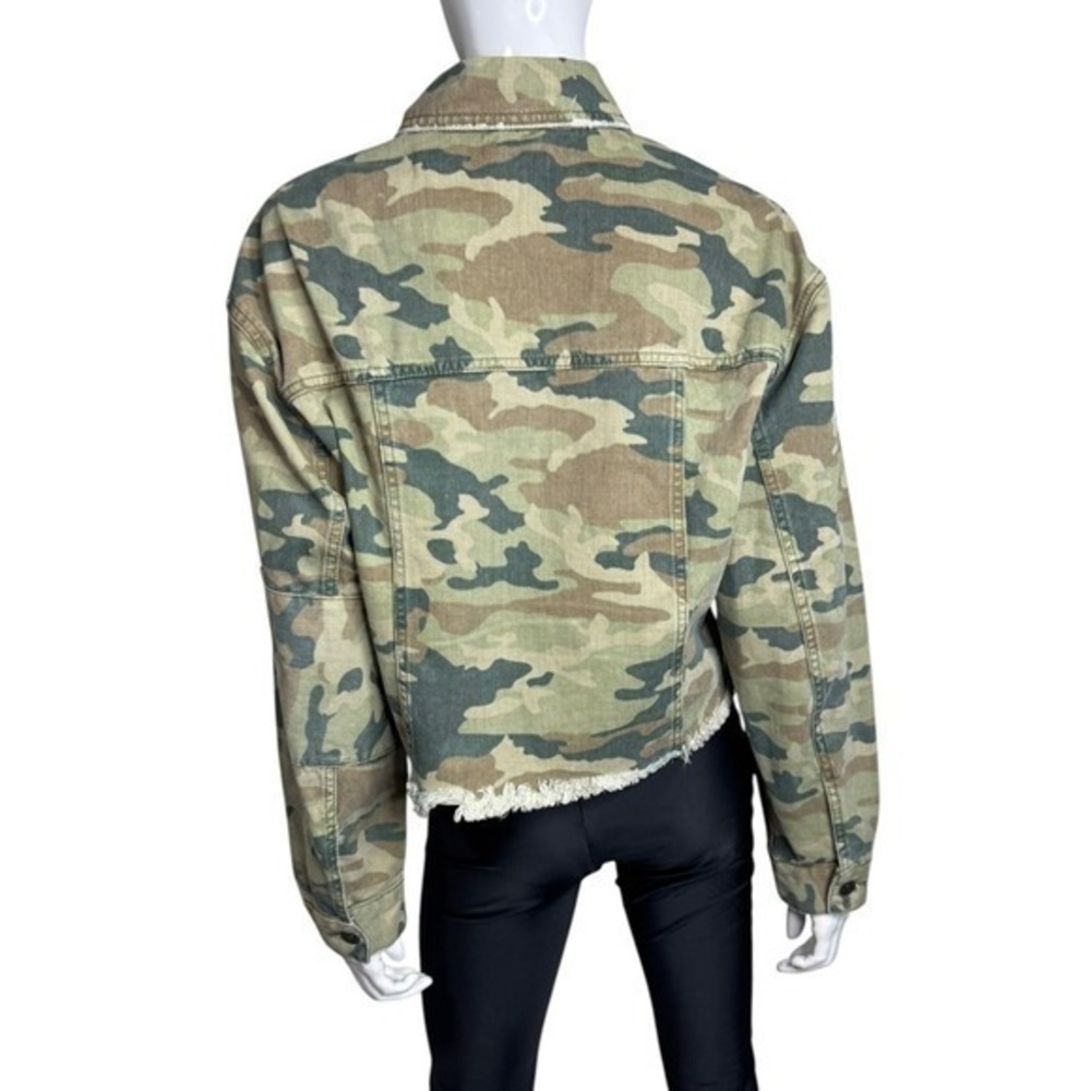 Free People Camo Cropped Denim Jacket Green Camouflage Raw Hem Small - Picture 5 of 7
